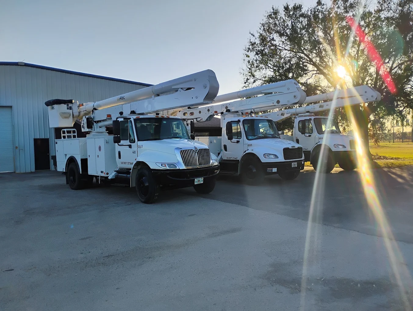 Three white utility trucks with telescoping booms parked in a row at sunset