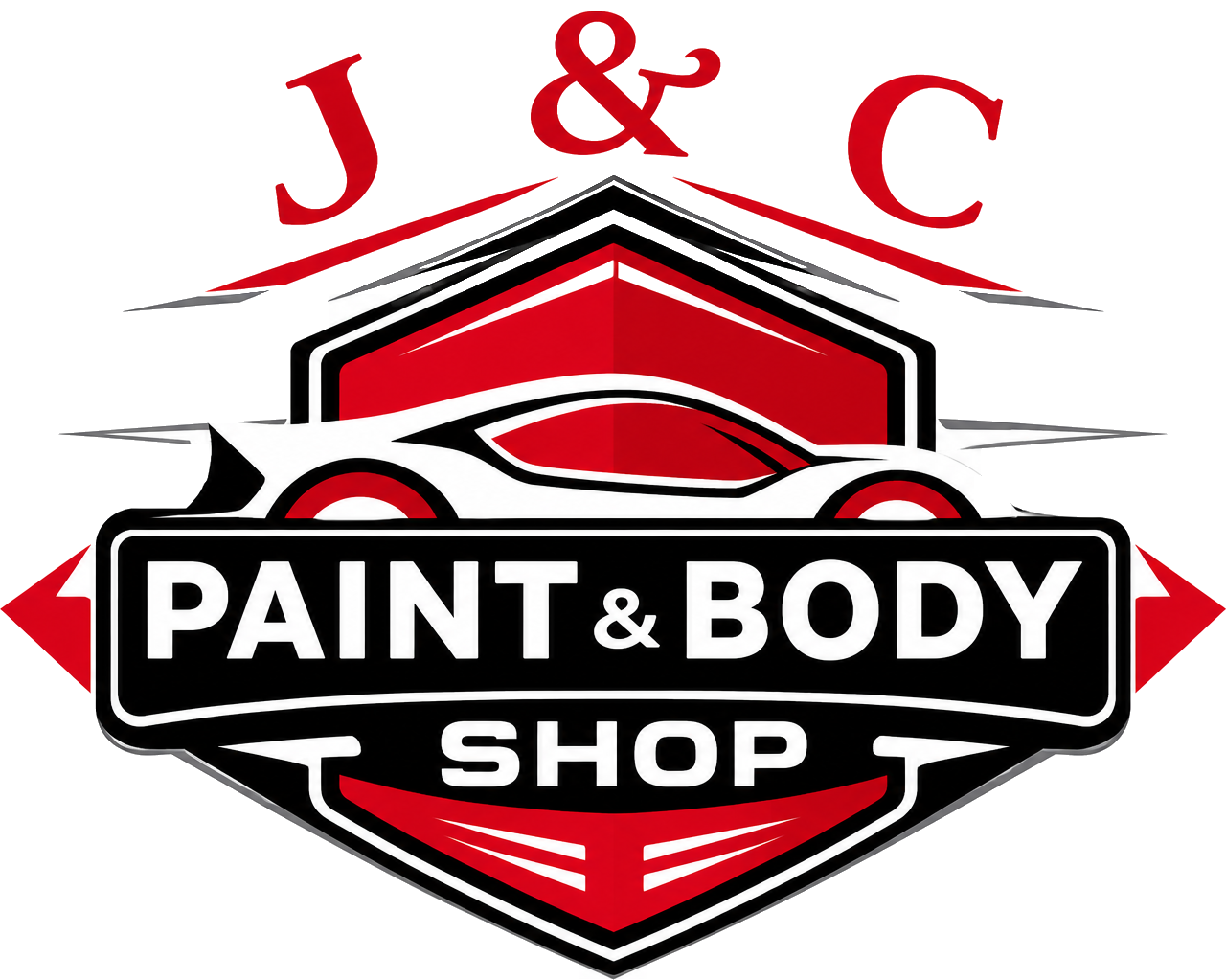 J&C Paint & Body Shop logo with red and black shield design featuring a car silhouette